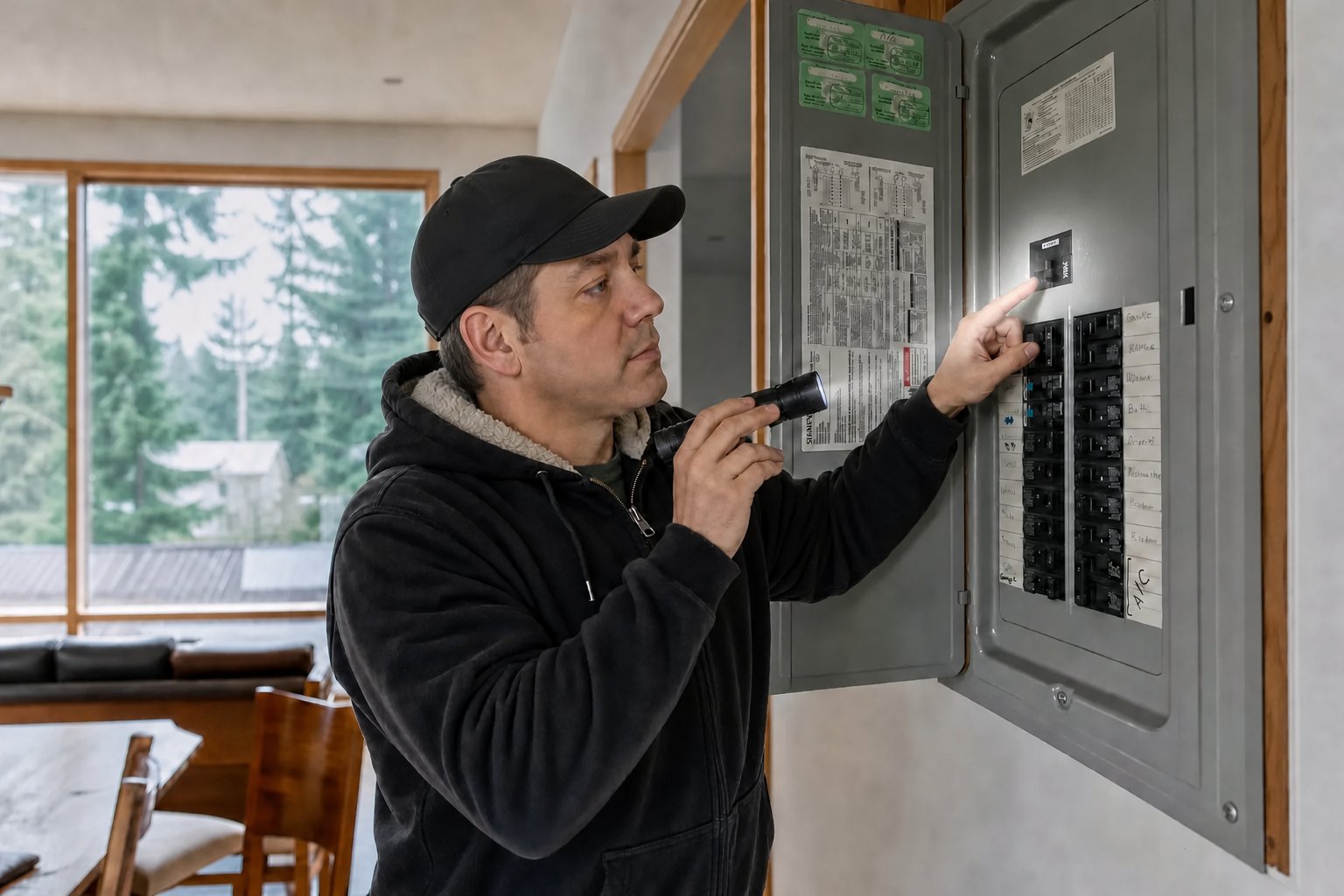 Colt shining a flashlight into an electrical panel