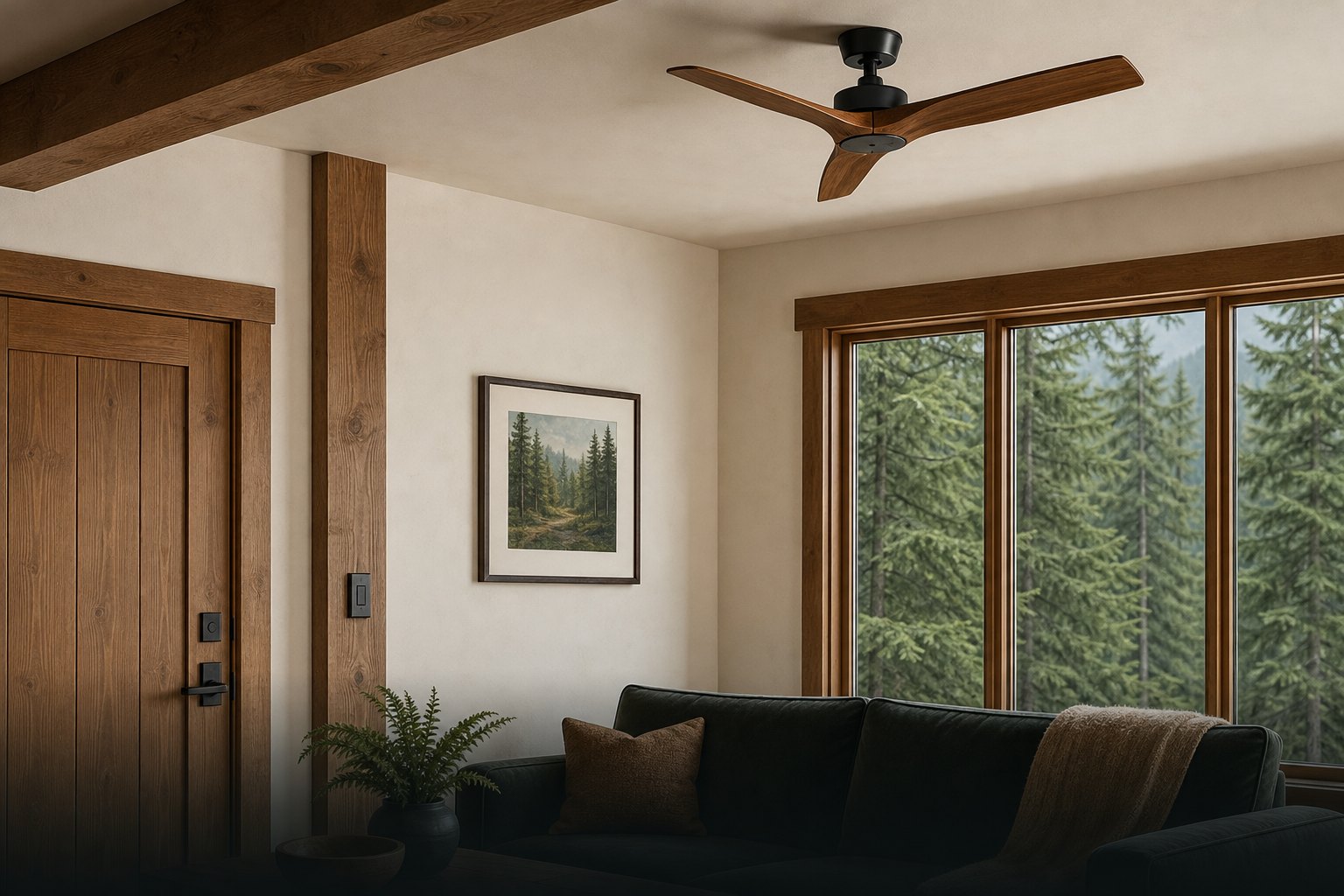 Installed three-blade ceiling fan with a wall control in a bright Northwest living room