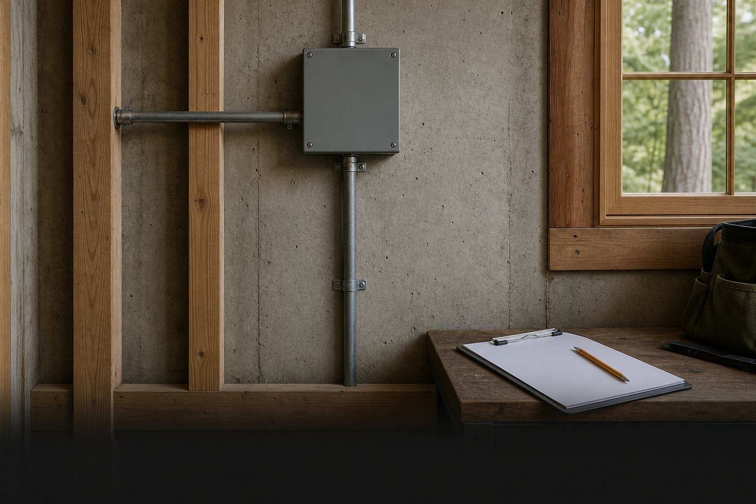 Electrical inspection clipboard and tools beside a closed residential junction box