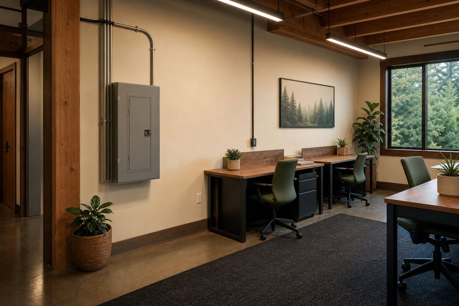 Small commercial office with installed linear lighting and electrical outlets along workstations