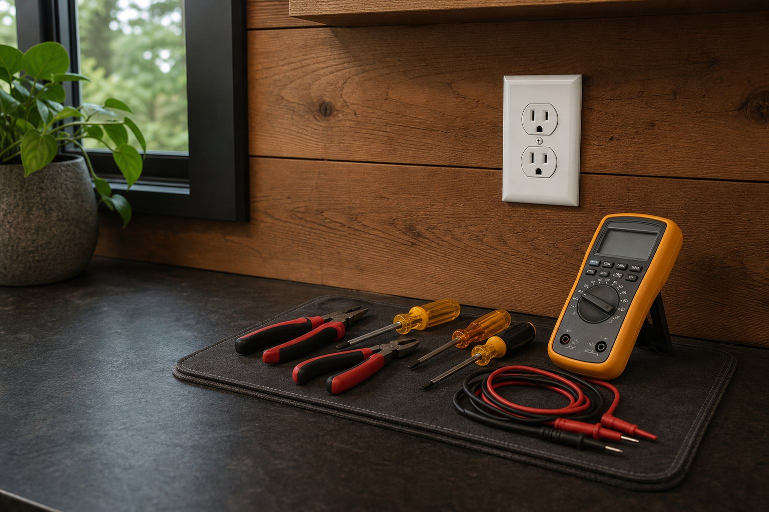 Electrical diagnostic meter and tools beside a closed residential outlet