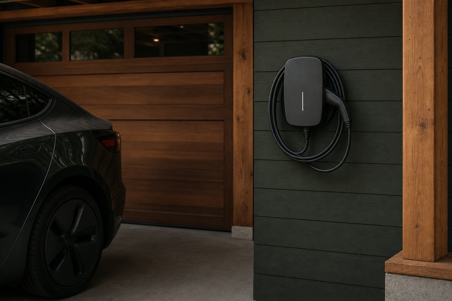 Wall-mounted electric vehicle charger beside a parked car in a residential garage