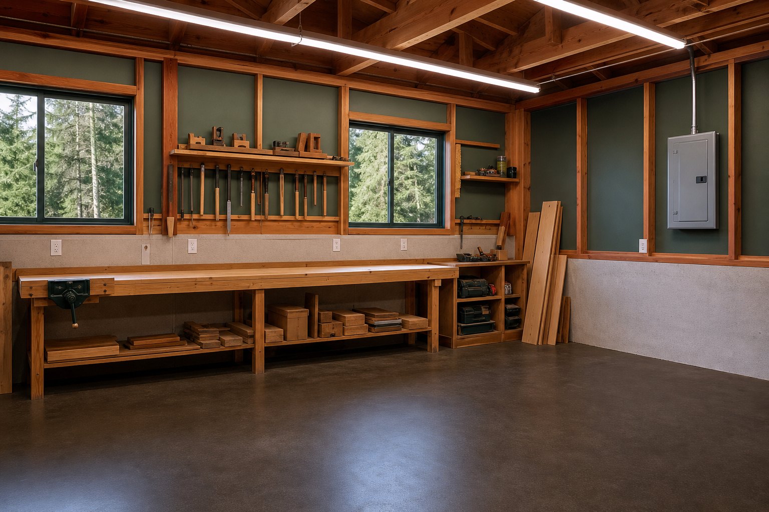 Woodworking shop with overhead electrical lighting and installed outlets above a workbench