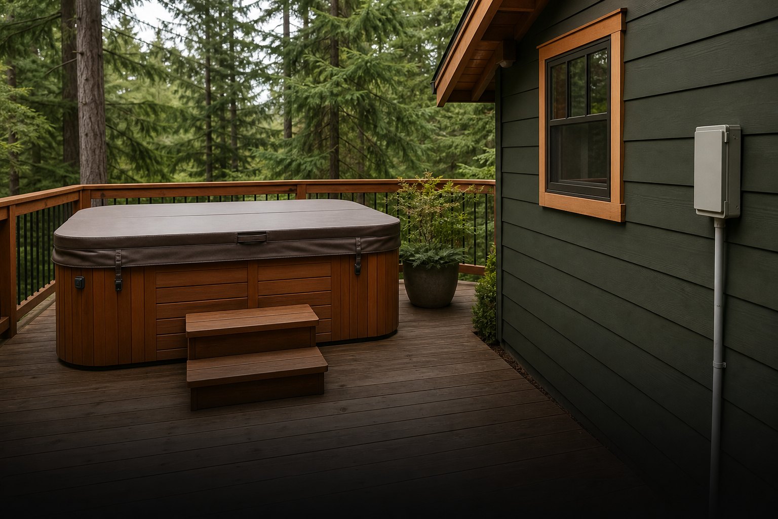 Covered cedar hot tub on a Northwest deck with a closed electrical disconnect set back on the house wall
