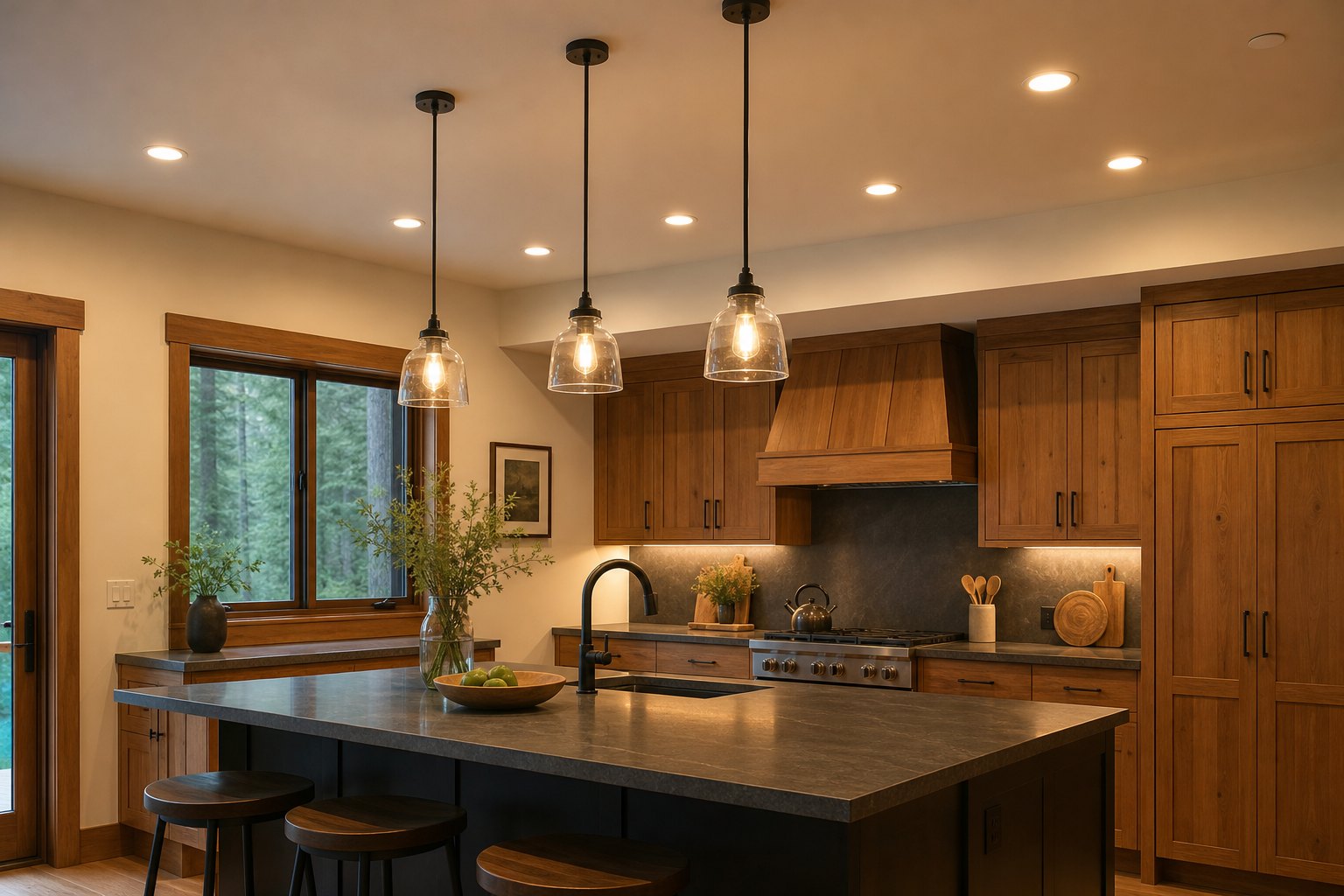 Warm pendant and recessed lighting illuminating a cedar-accented kitchen