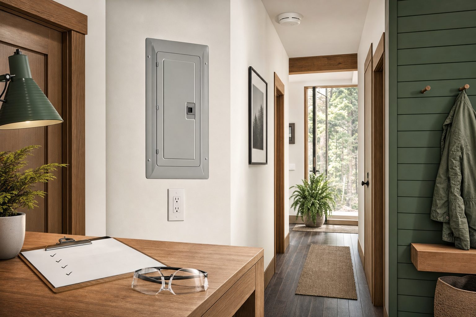 Illustration of a manufactured home hallway with covered electrical equipment and an assessment checklist