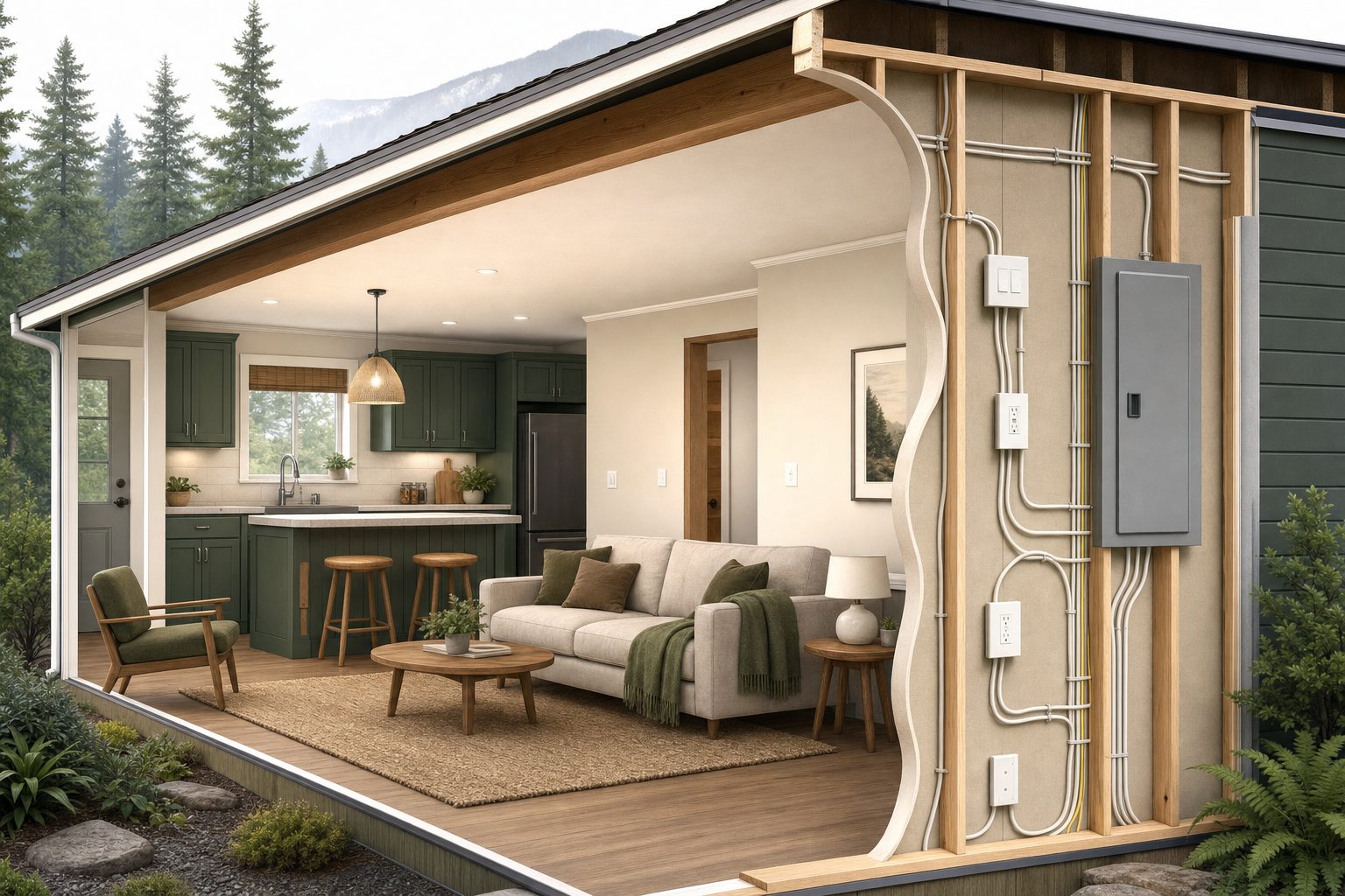 Architectural cutaway illustration of a manufactured home with electrical circuits, outlets, and a covered panel