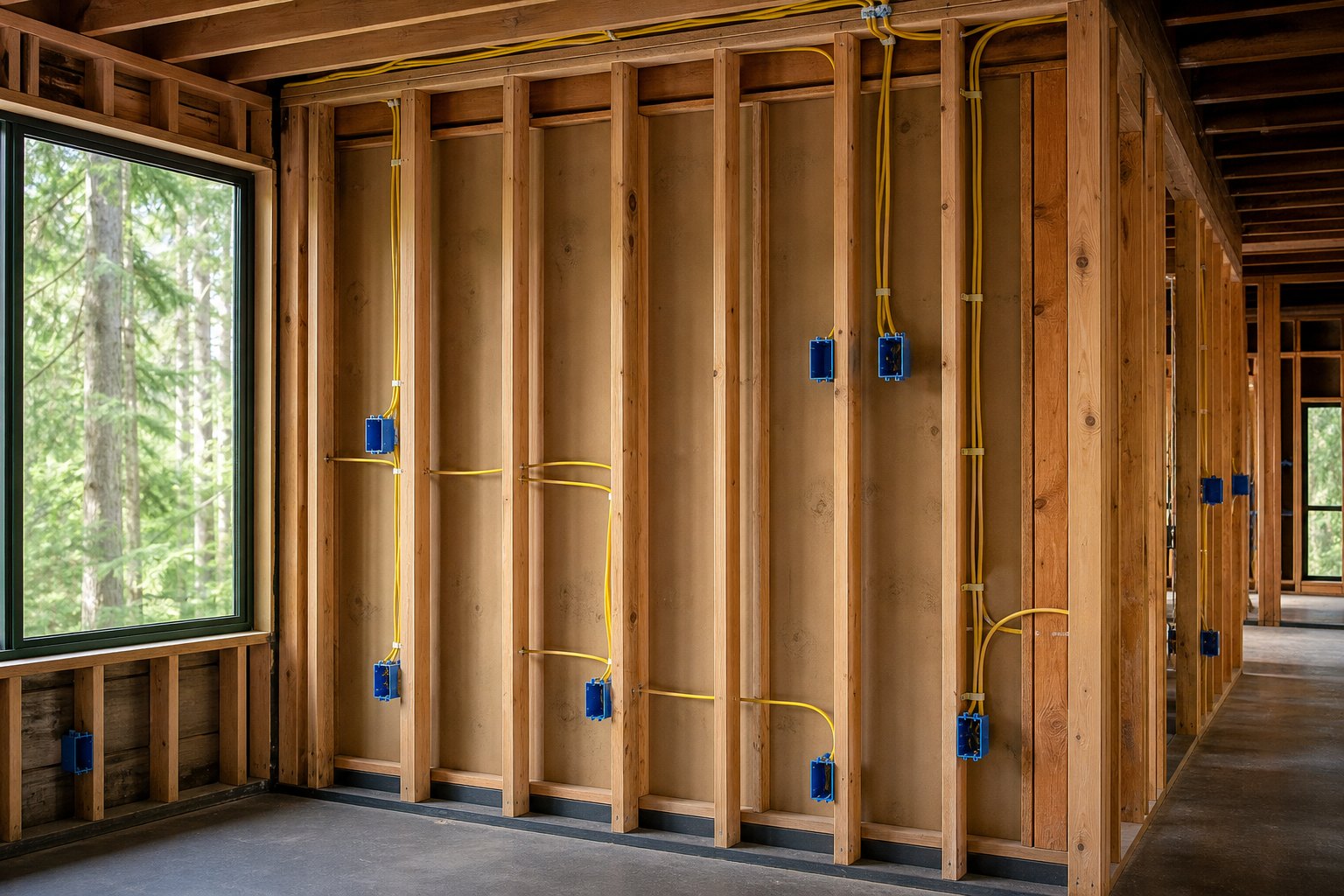 Neatly routed new electrical cable and boxes in an unfinished framed room
