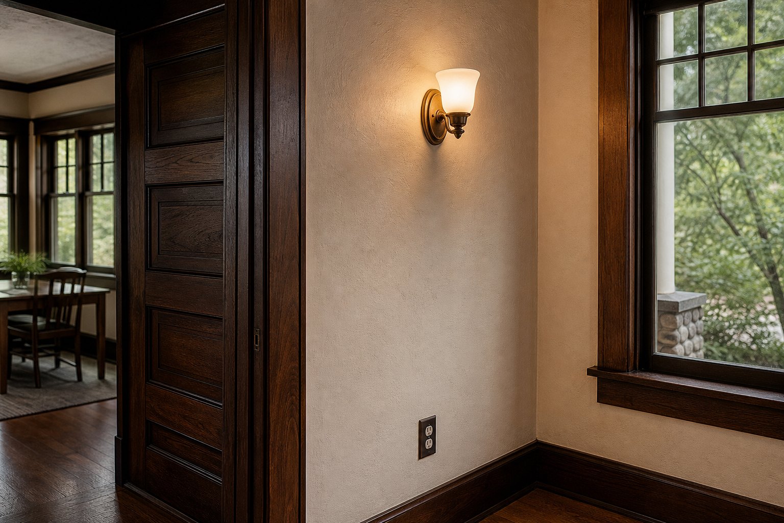 Updated electrical receptacle beside original wood trim in a historic Northwest home