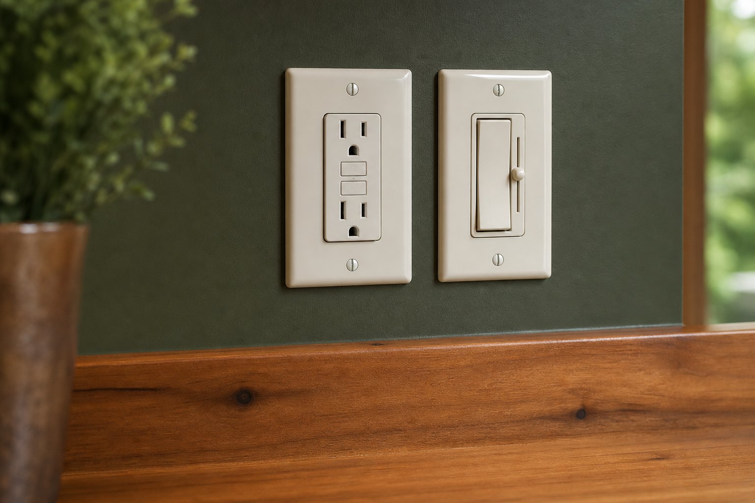 Finished GFCI receptacle and dimmer switch on a green kitchen wall