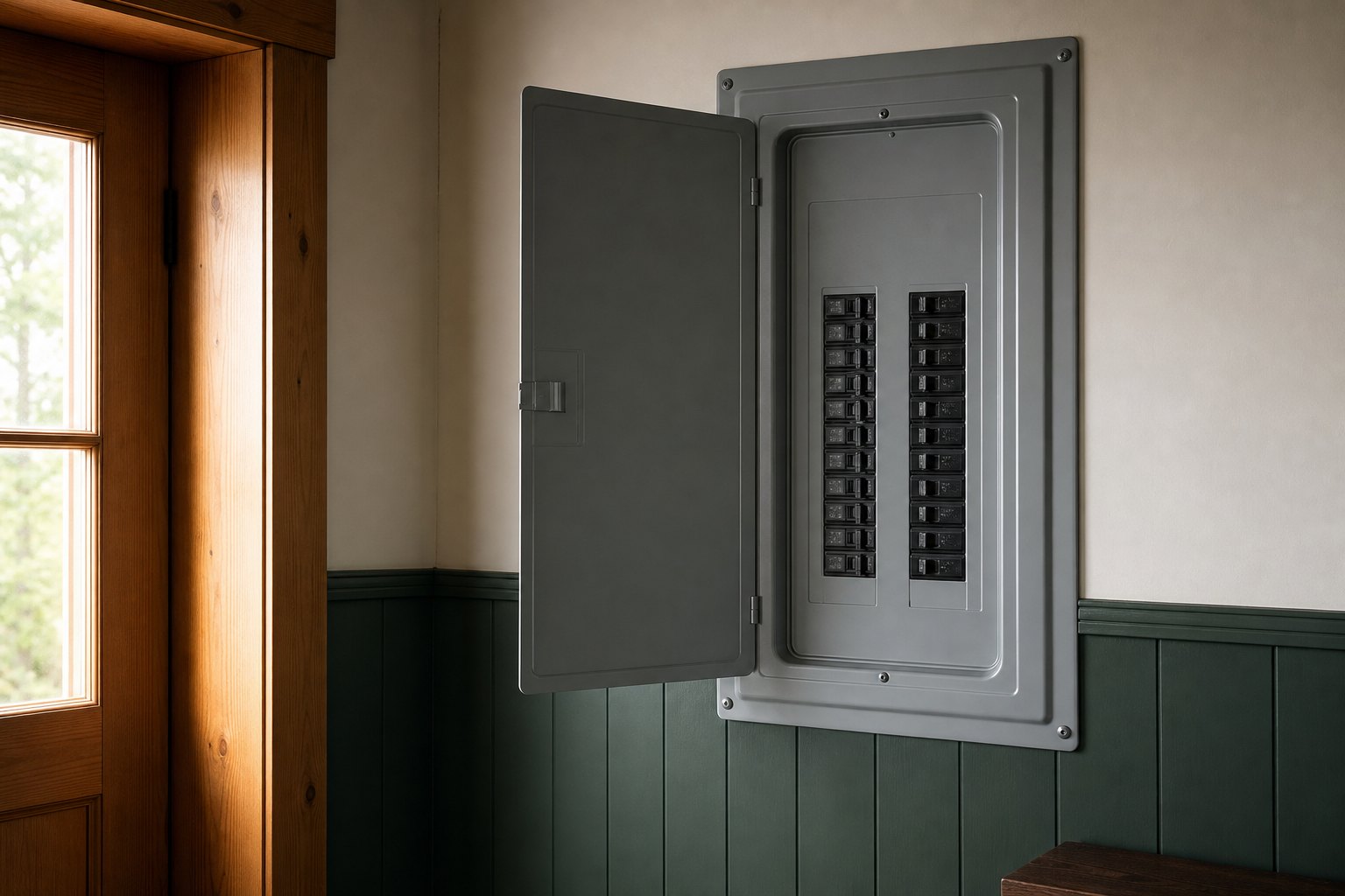 Residential electrical panel with breaker handles visible behind its open outer door and intact protective cover