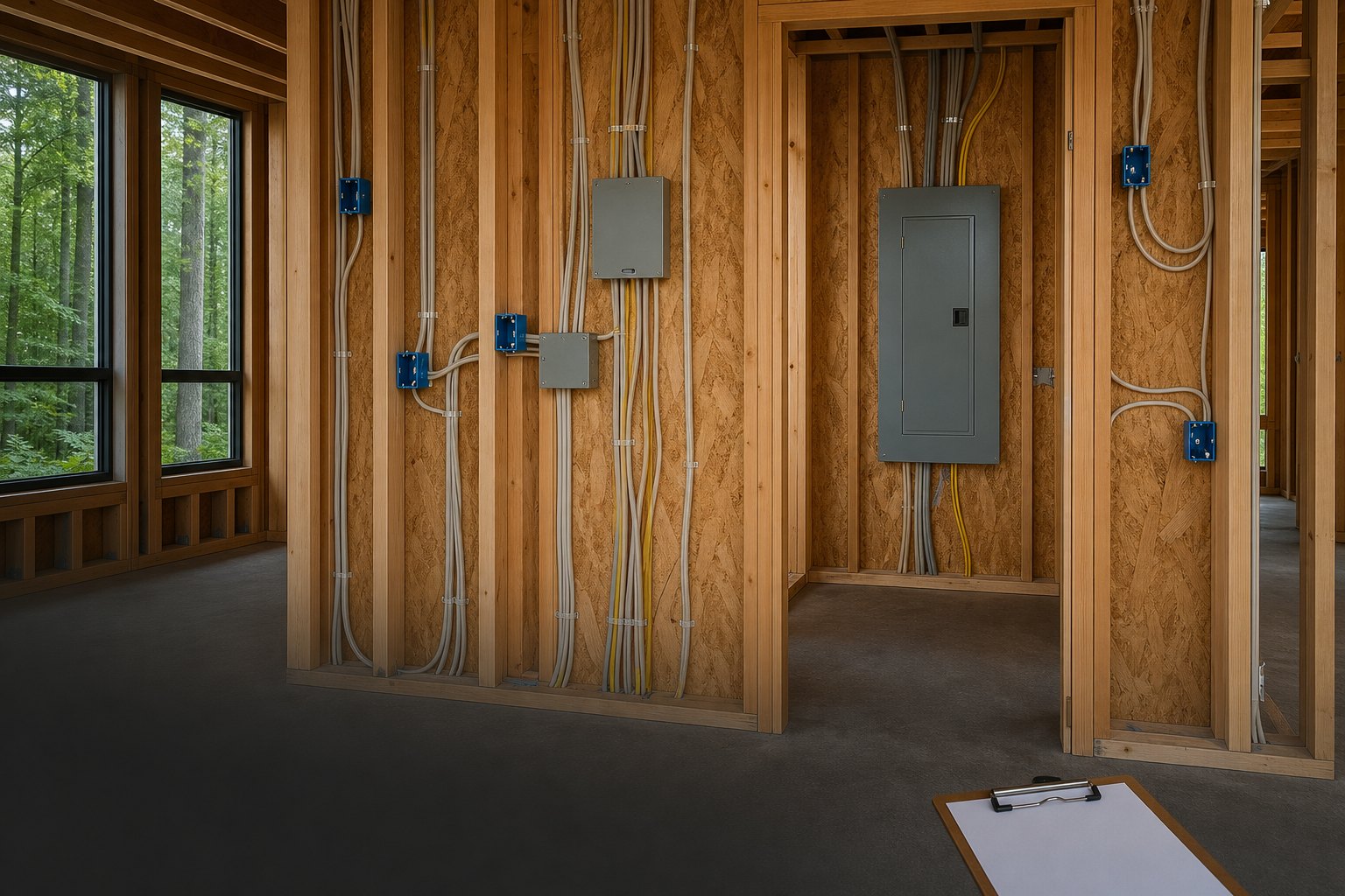 Deenergized electrical rough-in ready for inspection in a framed Northwest home