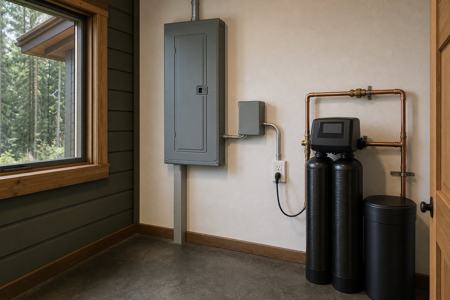 Installed electrical receptacle serving a water-treatment unit in a tidy utility room