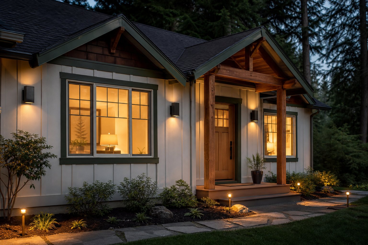 Cedar-sided Northwest home at dusk with installed porch and pathway lighting
