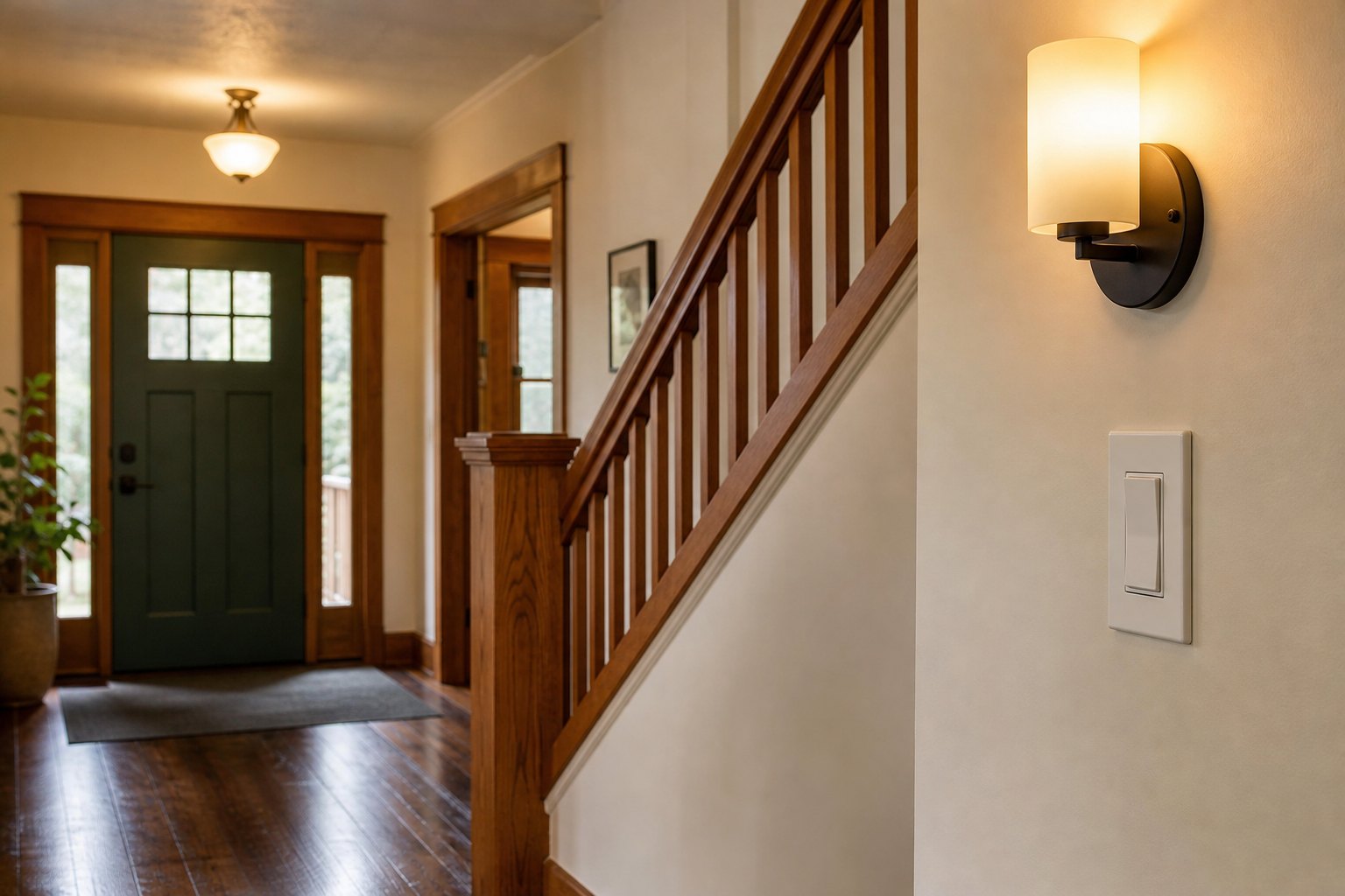 Accessible wall switch and softly lit entryway in a comfortable older home