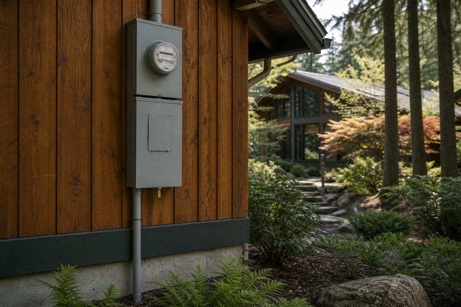 Exterior electrical meter and closed service disconnect on a cedar-sided home