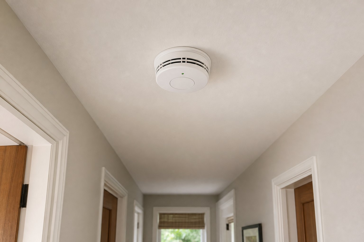 Installed round smoke alarm on a hallway ceiling near a bedroom doorway