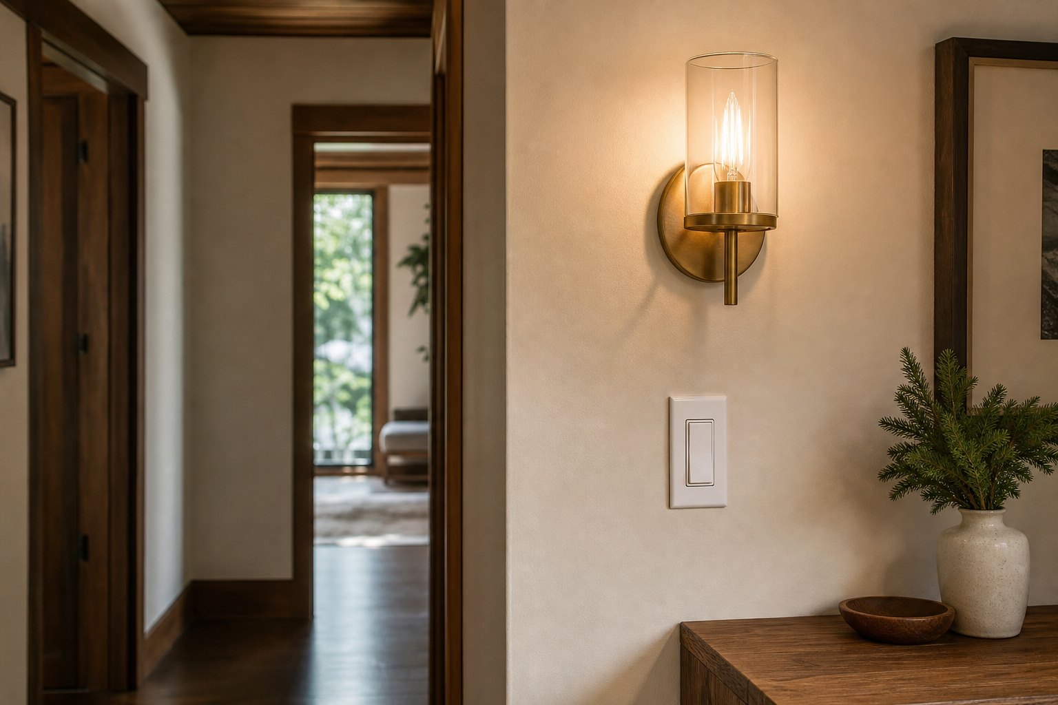Installed wall sconce and matching light switch in a finished residential hallway