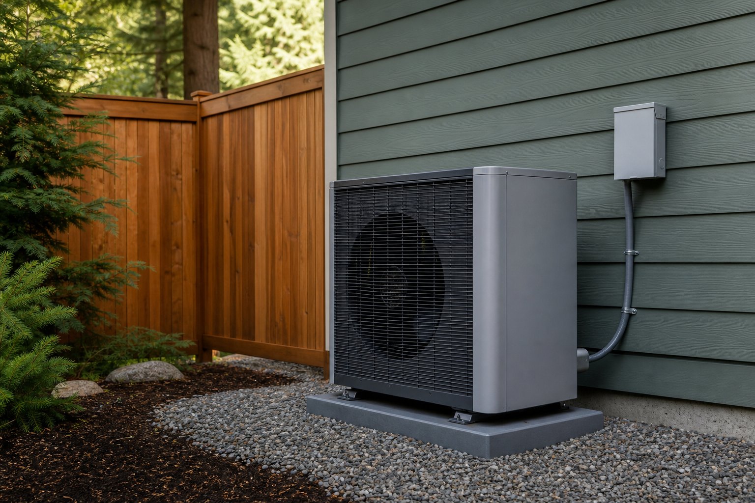 Outdoor heat pump beside a closed electrical disconnect on a home exterior