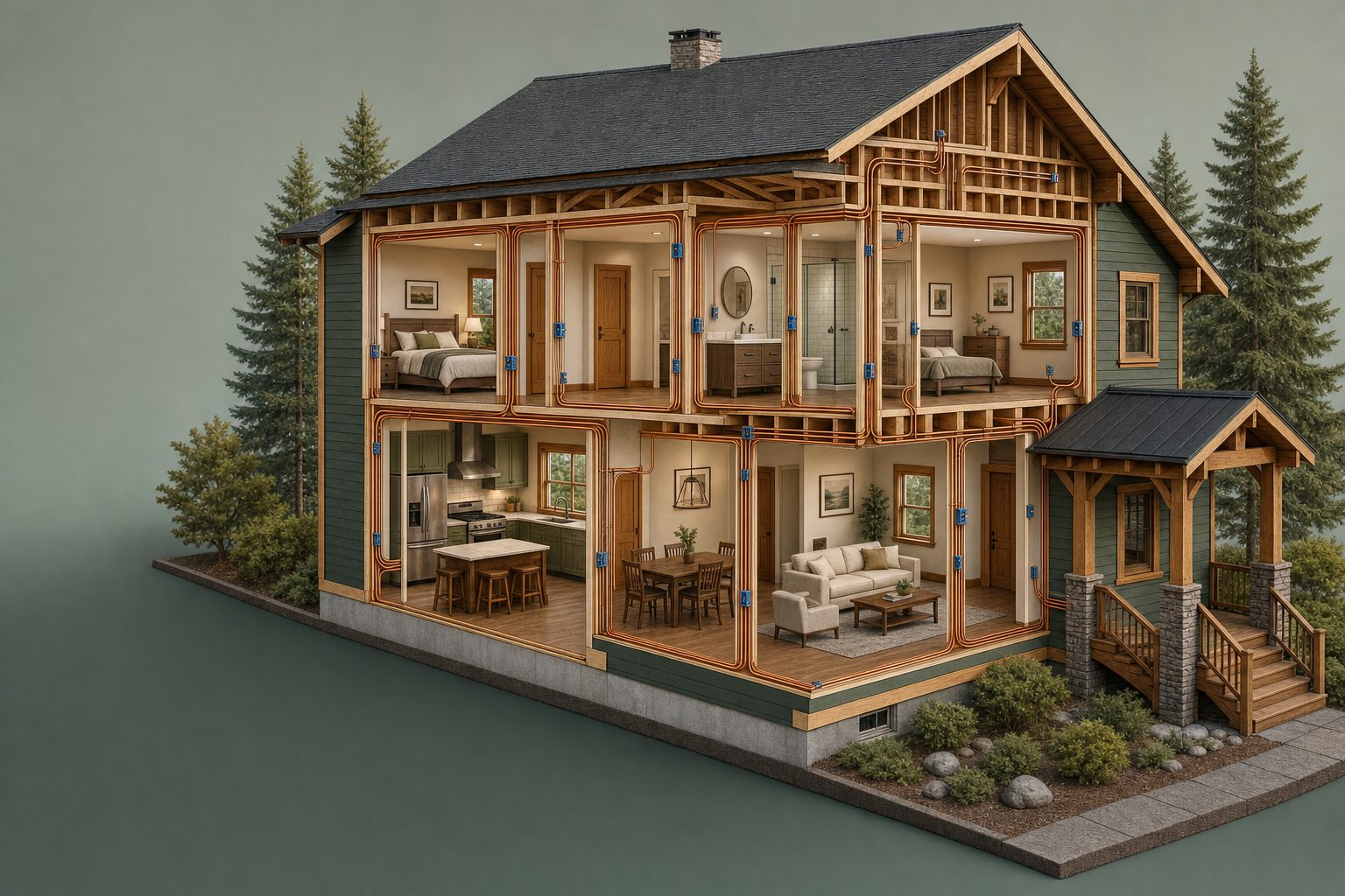Architectural cutaway illustration showing electrical wiring across multiple rooms of a two-story home
