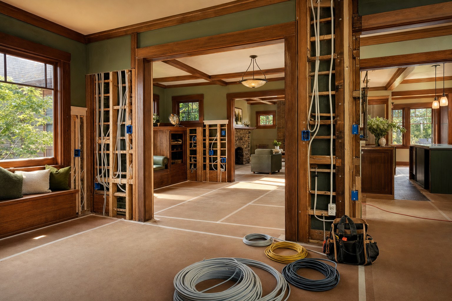 Connected rooms in an older home with open wall framing and new electrical wiring during a whole home rewire