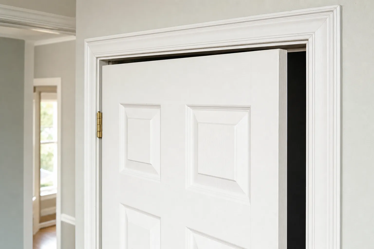 White interior door with an uneven gap around the top edge of the frame