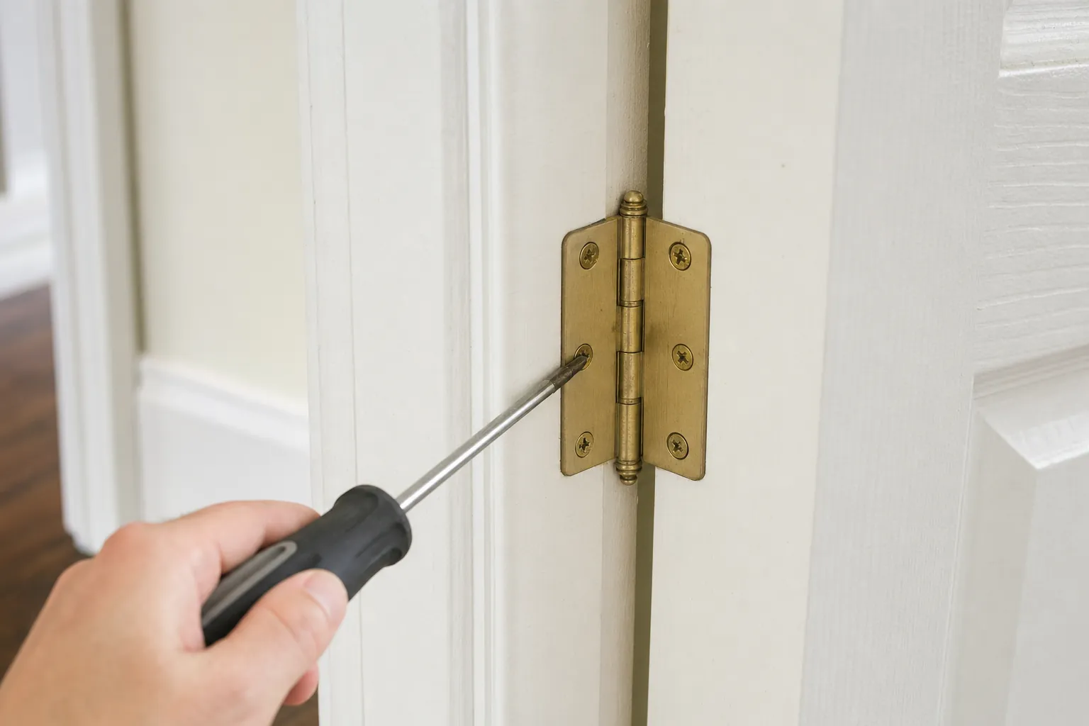 Screwdriver tightening a brass hinge on a painted interior door