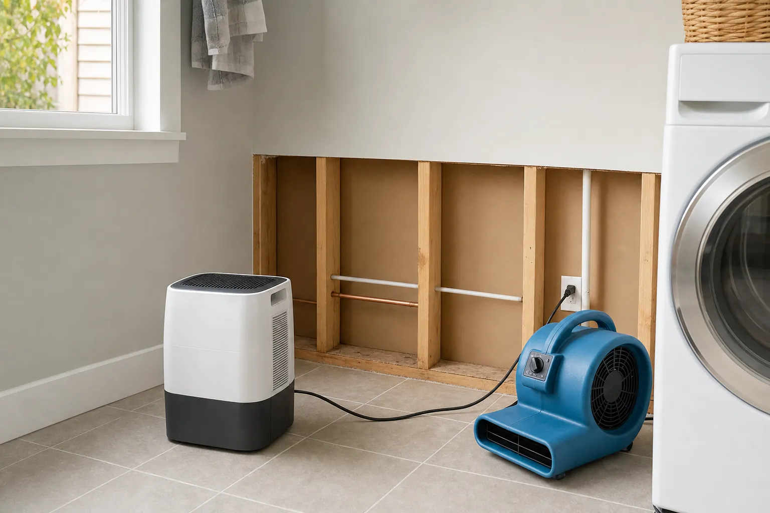 Opened lower wall cavity with a dehumidifier and air mover used to dry the area before repair