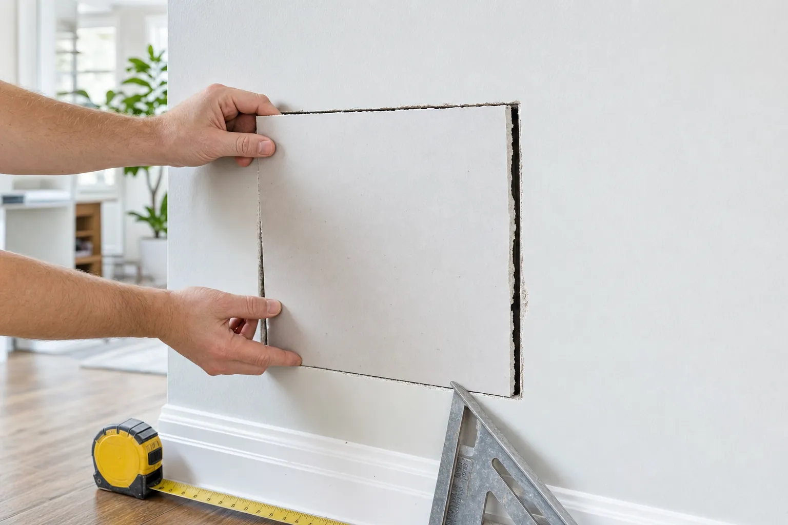 New drywall patch being fitted into a clean wall opening for replacement after water damage