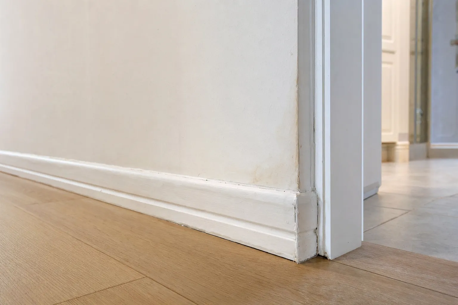Slightly swollen painted baseboard and discoloration at a wall-to-floor corner