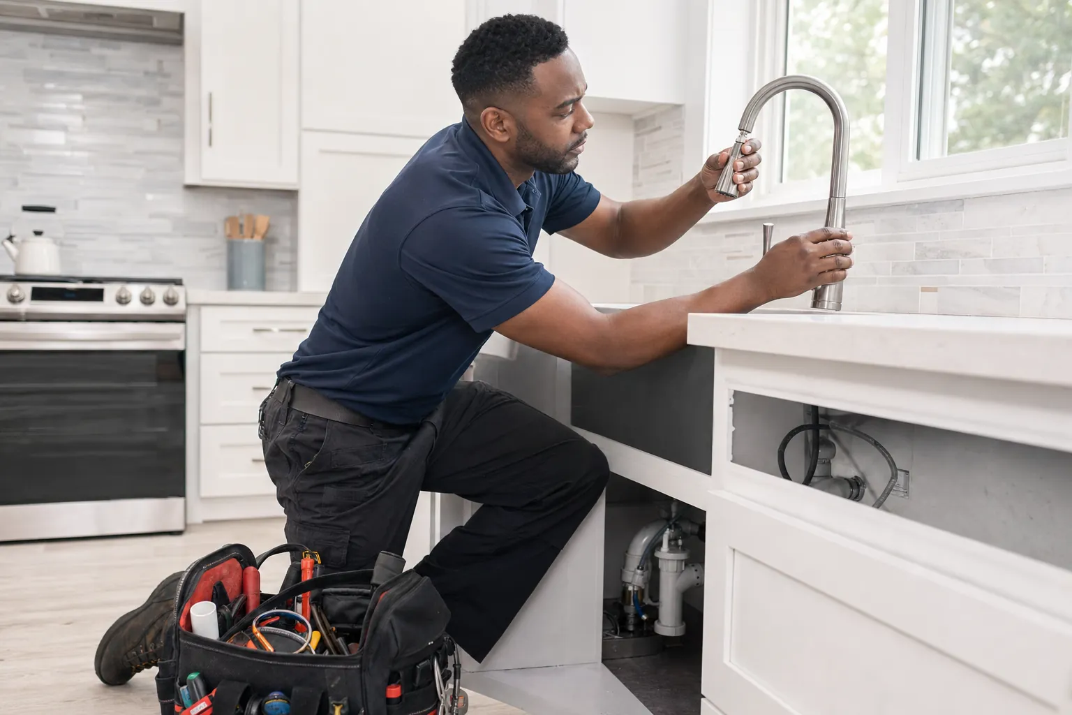 Black handyman replacing a kitchen faucet