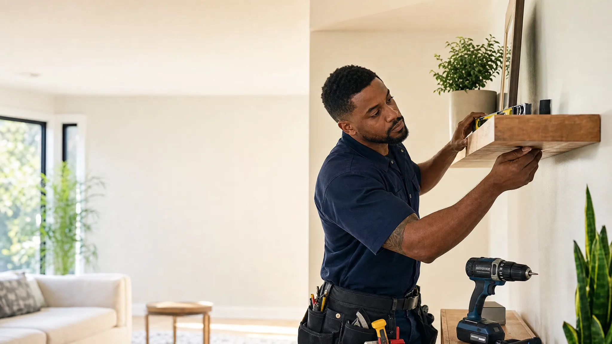 Black handyman installing a floating shelf
