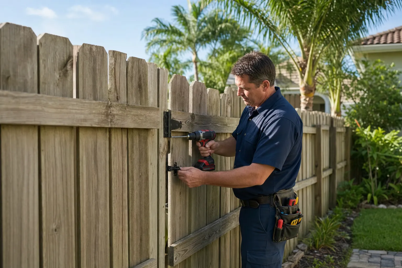 Handyman repairing a wooden backyard gate
