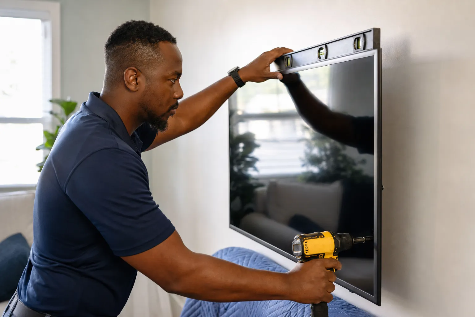 Black handyman leveling a television mount