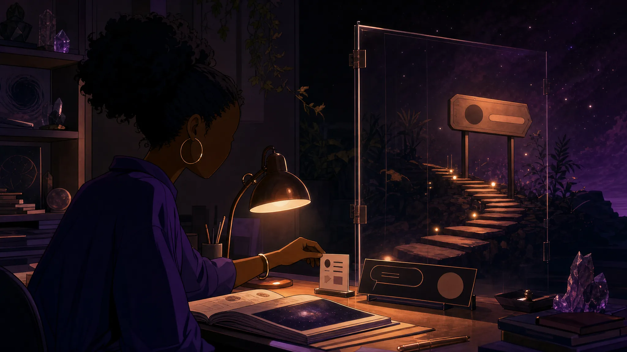 A faceless creator placing a clear recommendation card beside an open guide in a quiet cosmic studio.