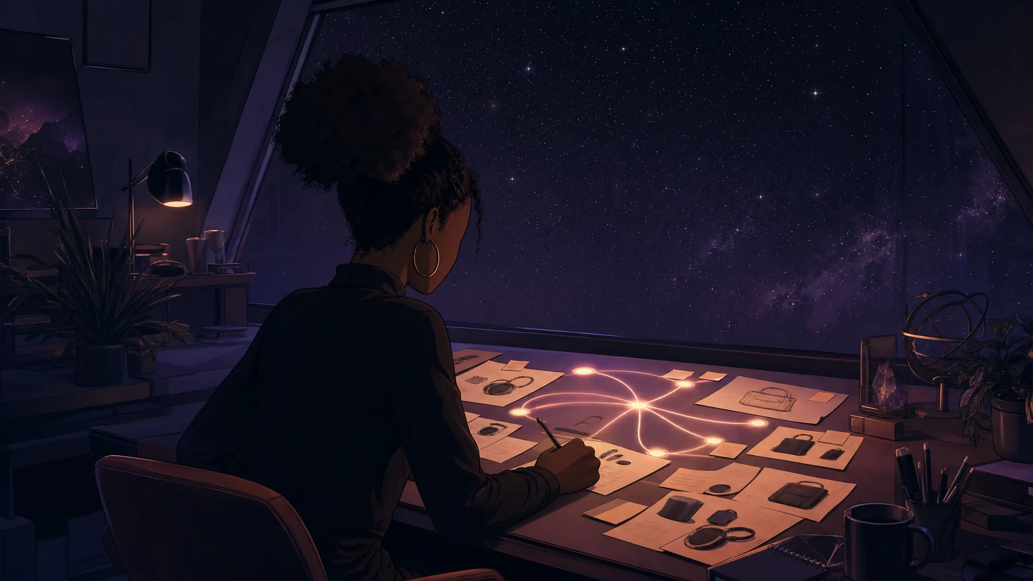A faceless creator mapping a thoughtful recommendation path in a cosmic midnight studio.