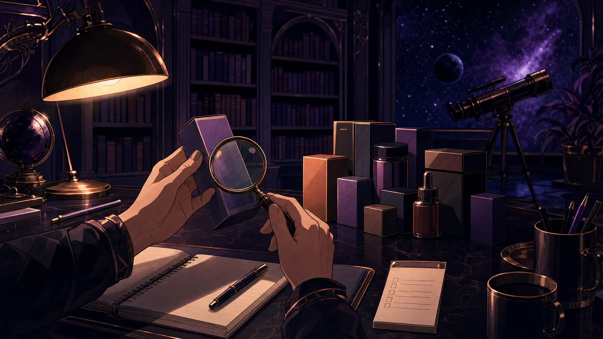 Hands carefully comparing generic products with a notebook and magnifying glass in a cosmic midnight library.
