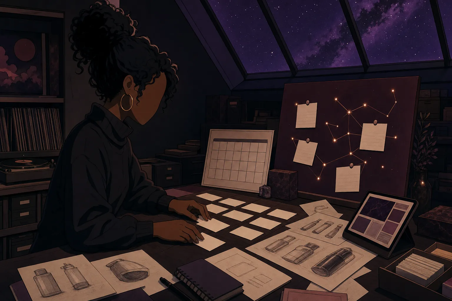 A faceless creator sorting blank idea cards and product sketches in a midnight archive room.