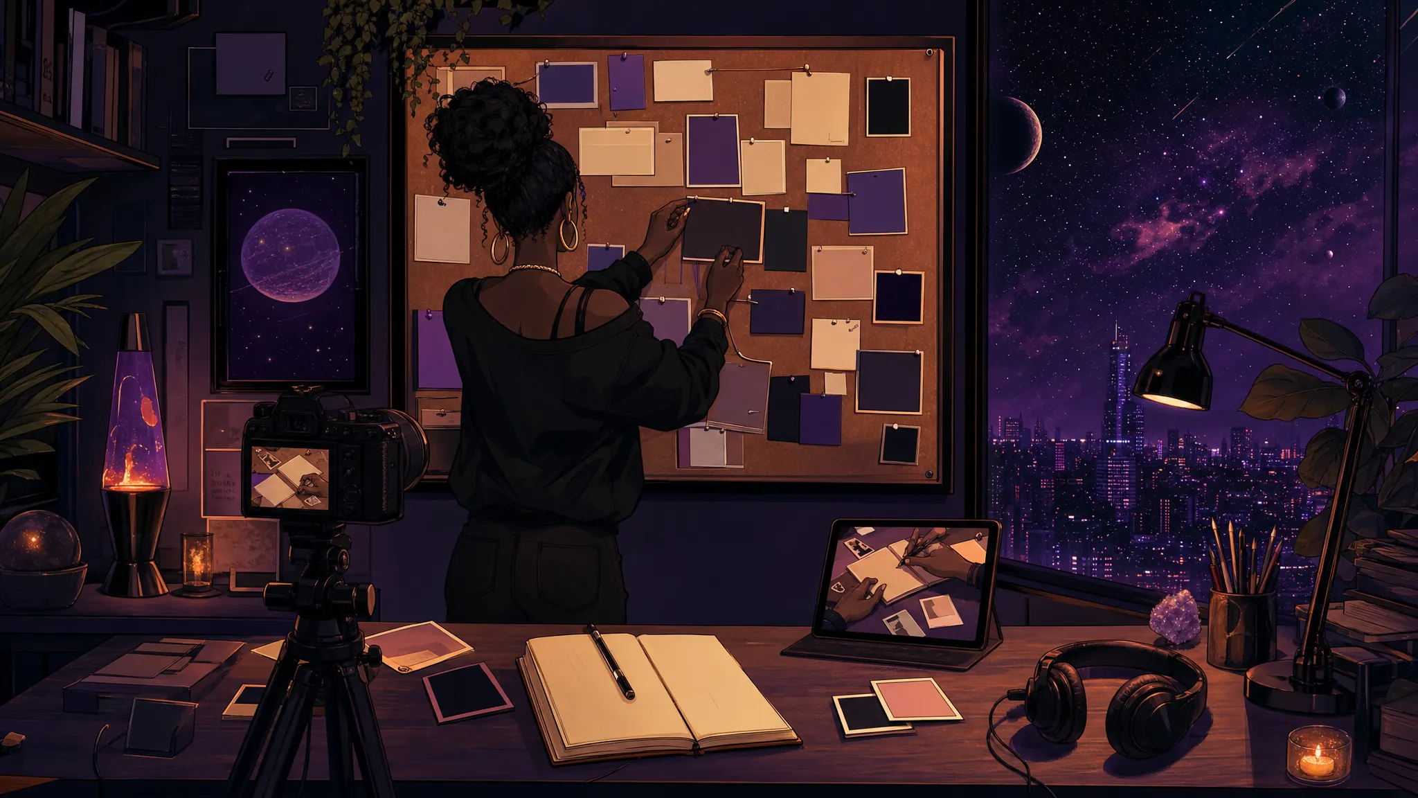 A faceless creator planning visual ideas on a corkboard in a cosmic midnight studio.