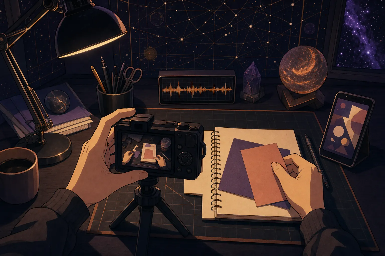Hands filming a simple tabletop tutorial beside a notebook in a cosmic midnight studio.