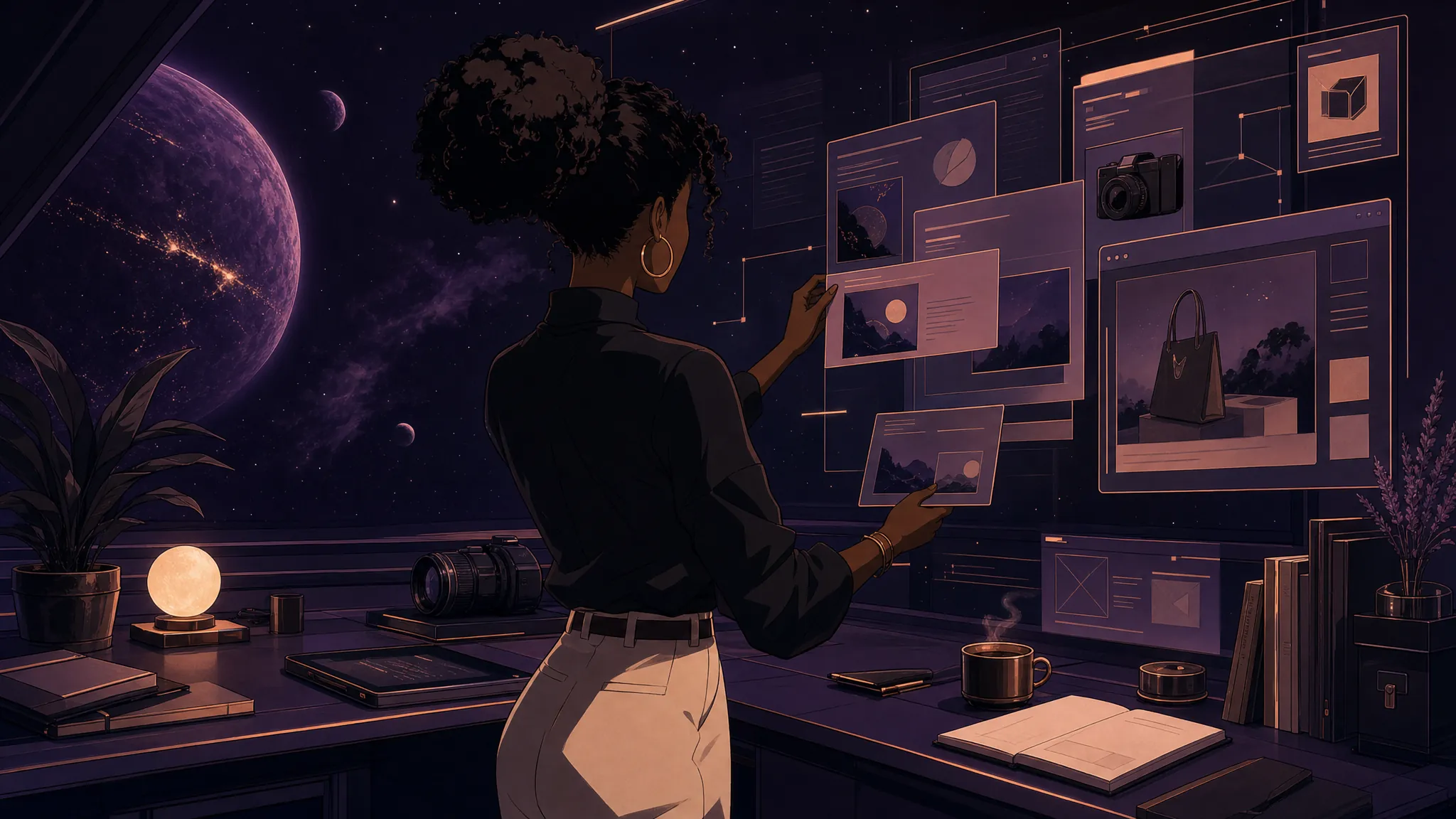 A faceless creator arranging digital product and content panels in a cosmic anime studio.