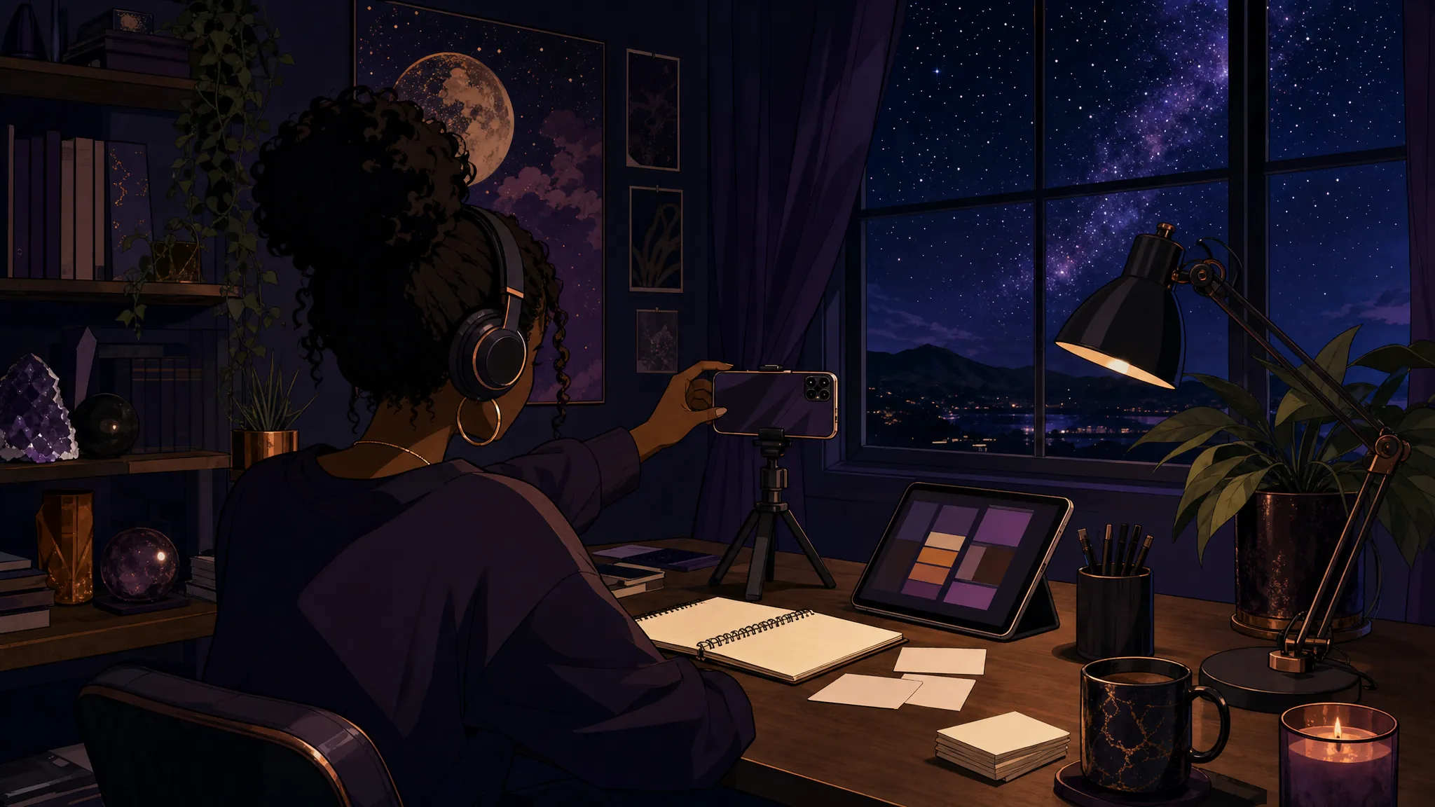 A private creator filming a phone video in a midnight cosmic studio.