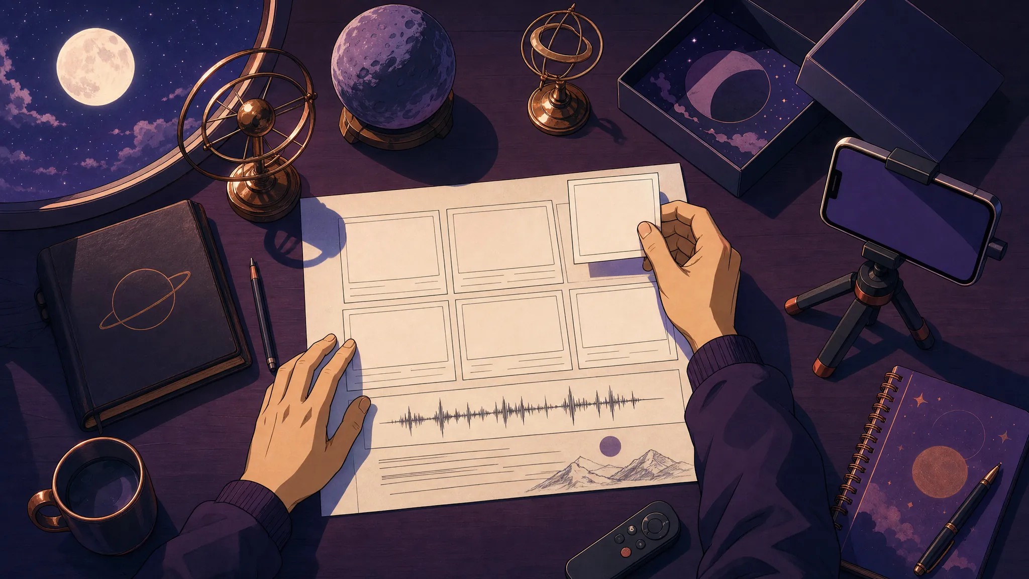 A top-down creator workspace with storyboard cards, a phone on a tripod, and a notebook.