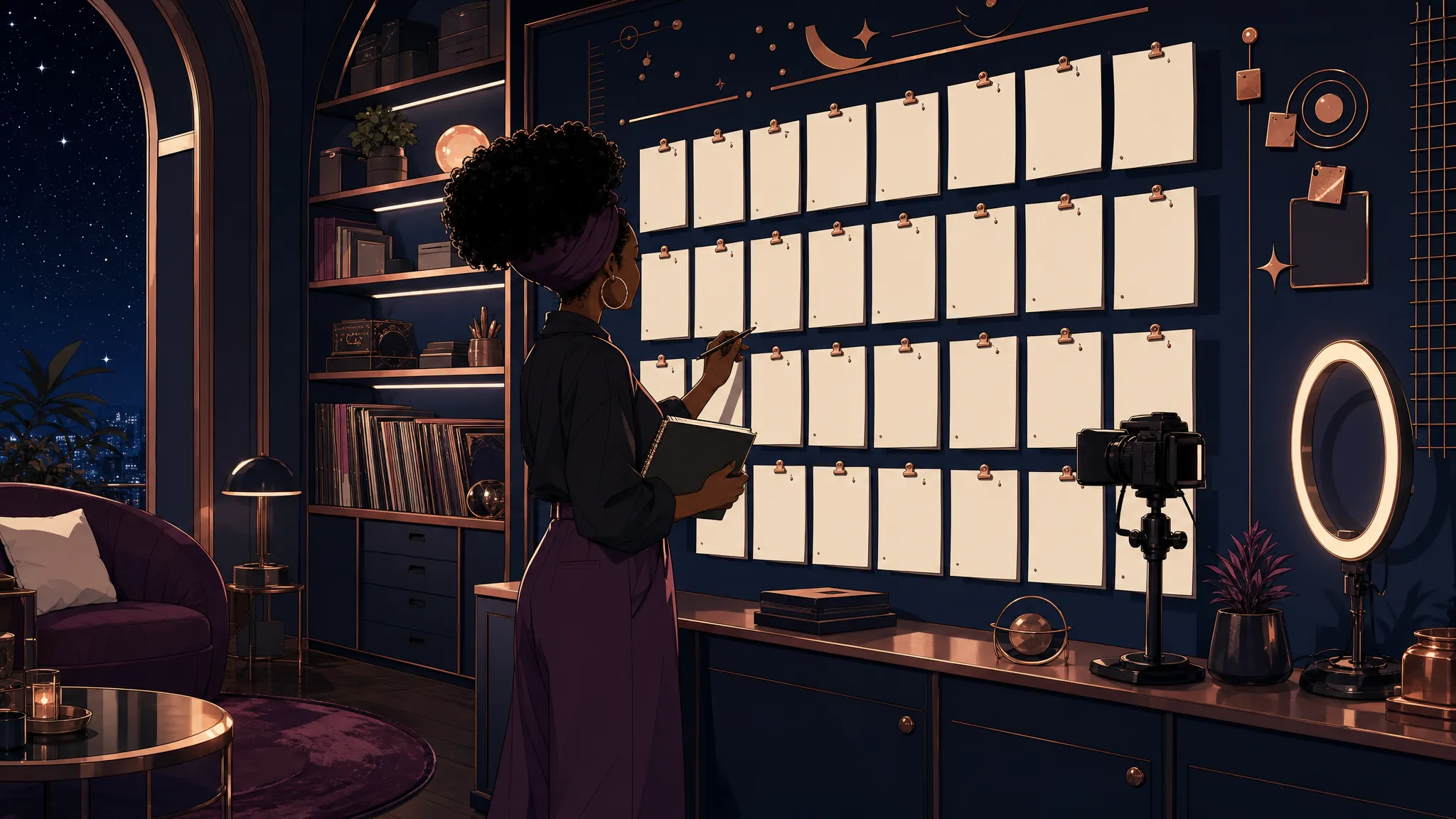 A private creator planning a repeatable content series on a wall of blank visual cards.