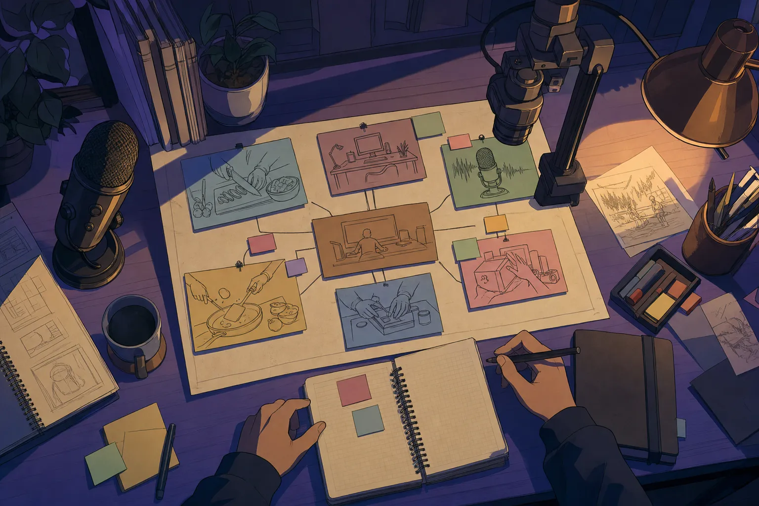 An overhead channel concept map with cameras, a microphone, notebooks, and visual topic cards.