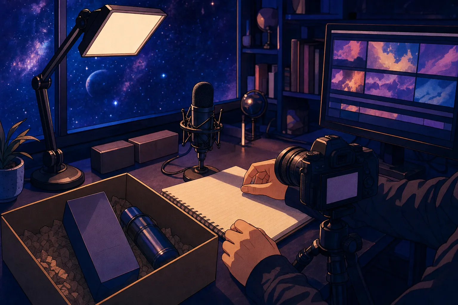 A faceless creator's hands preparing a tabletop camera, microphone, and notebook in a cosmic editing room.