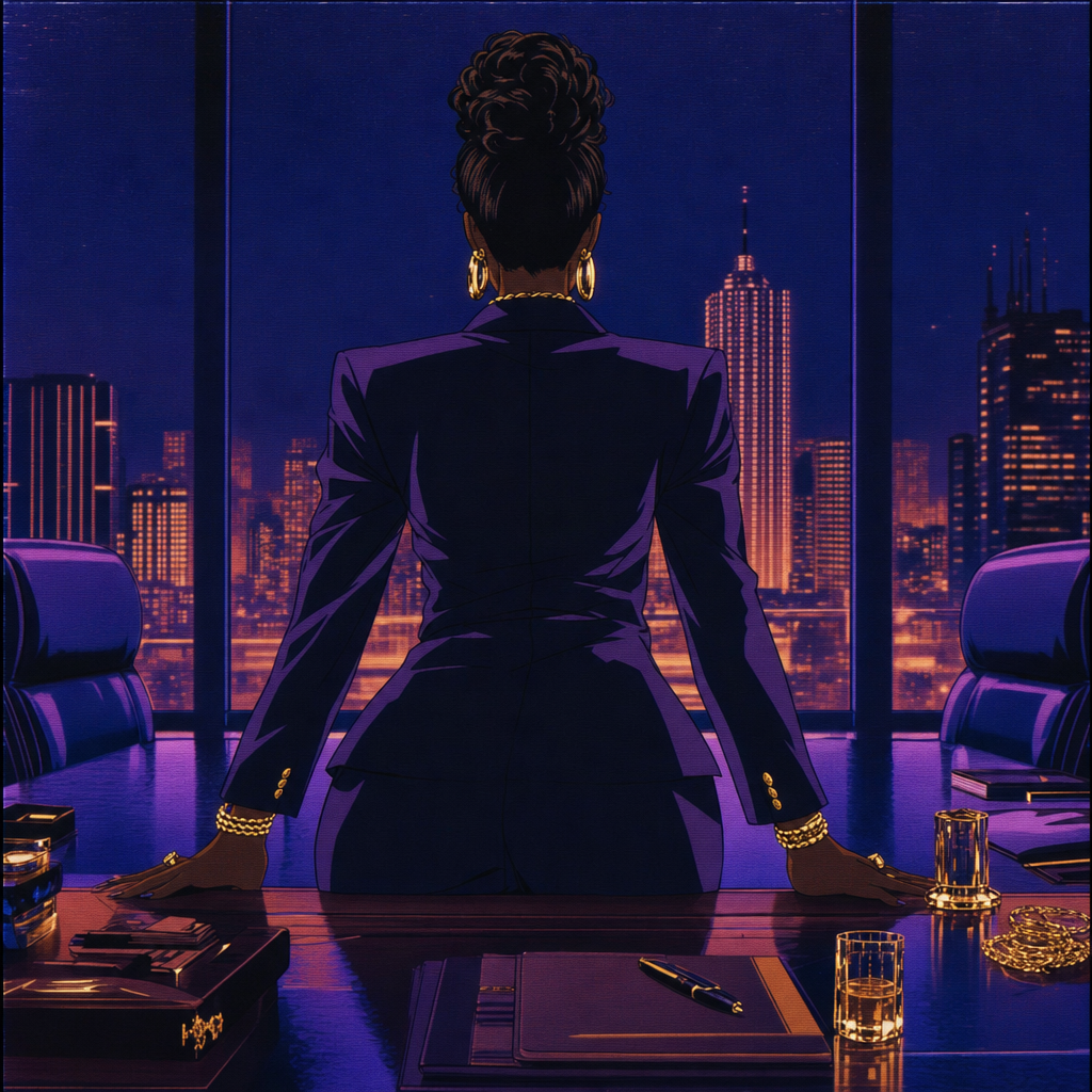 A faceless Black woman CEO in a quiet luxury boardroom overlooking a midnight city skyline.