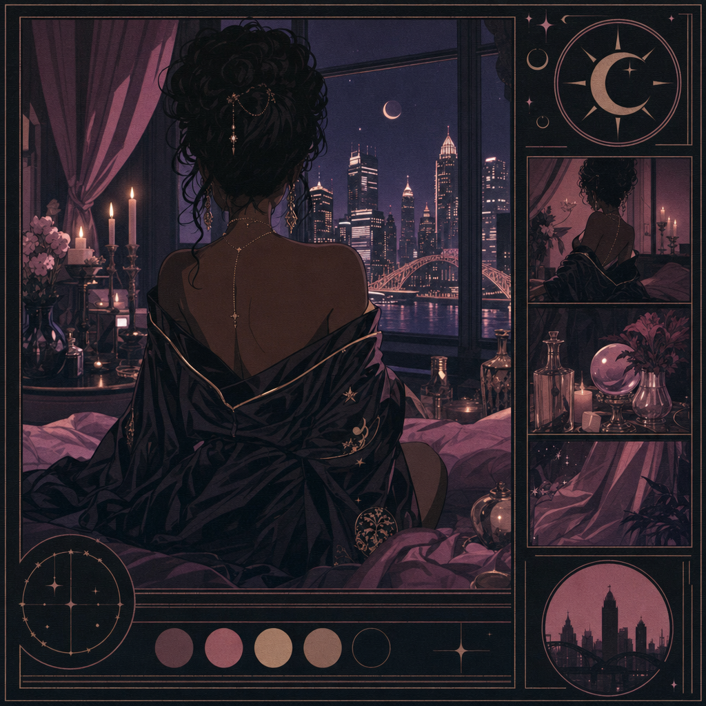 A faceless Black woman in a candlelit midnight room with rose-gold anime details.