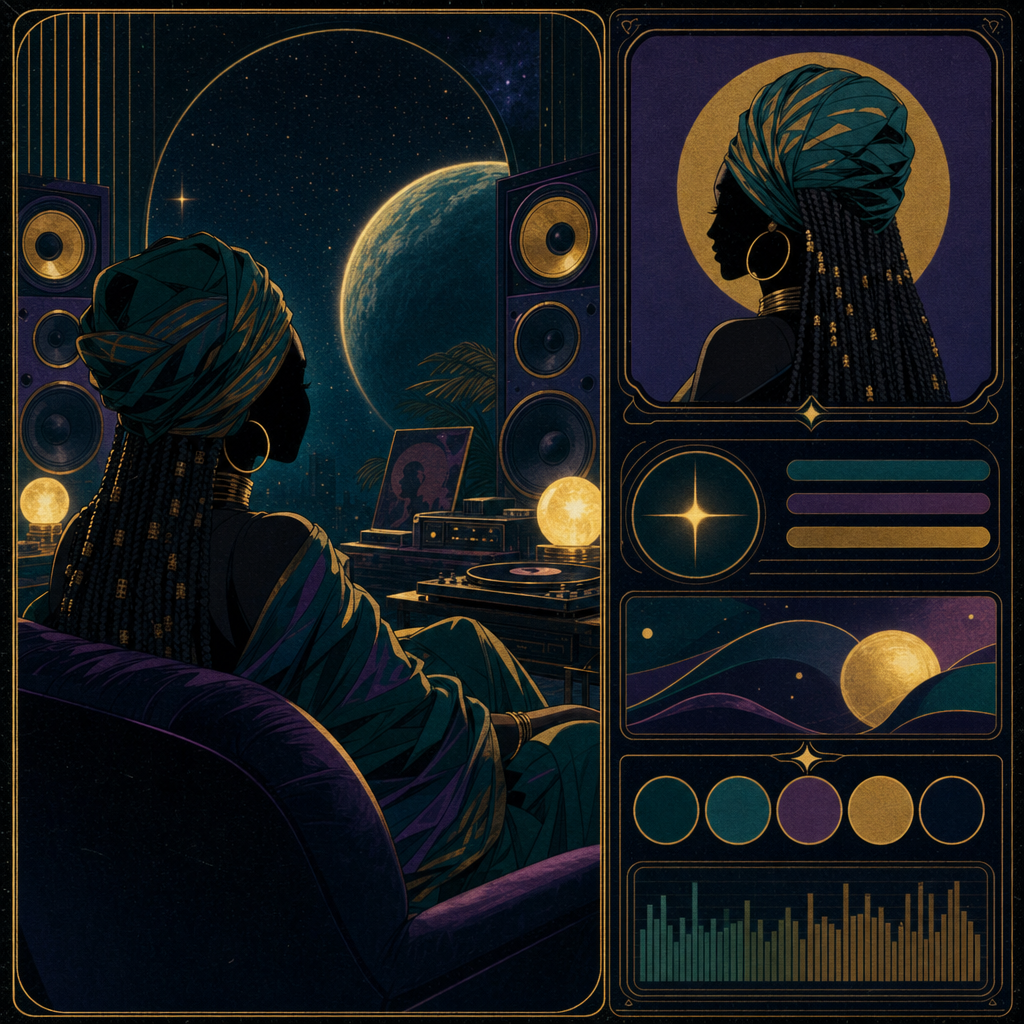A faceless Black woman curator in a regal headwrap inside a deep-space listening room in 1990s anime style.