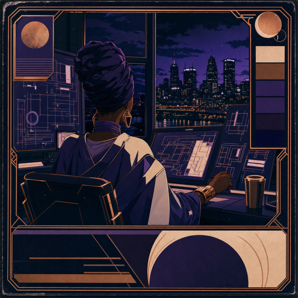 A faceless Black woman creator at a cosmic desk overlooking Pittsburgh in 1990s cel-shaded anime style.
